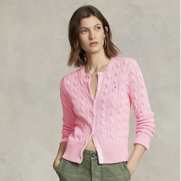NEW Polo Ralph Lauren Women 100% Cotton Cable Knit Cardigan Sweater Pink Medium - Picture 1 of 8